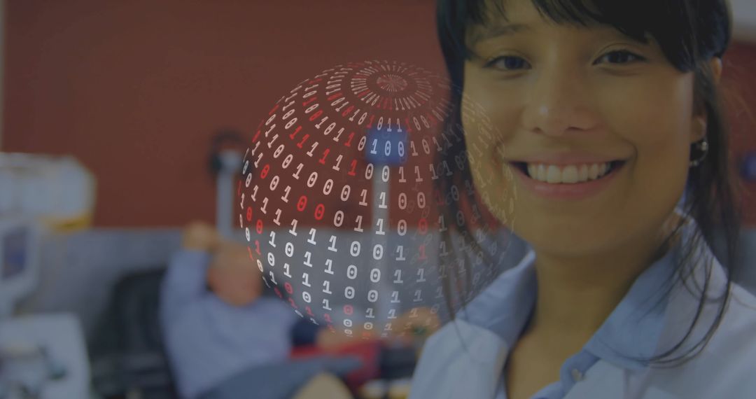 Smiling Female Professional with Digital Binary Sphere Overlay