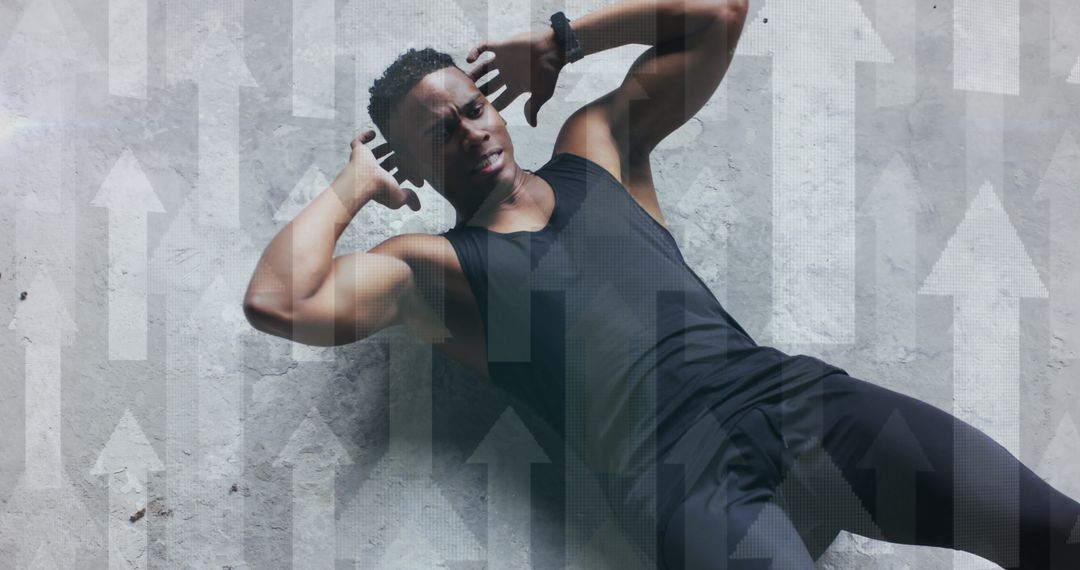 Active Man Performing Crunches with Upward Arrow Patterns