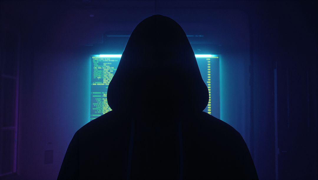 Hooded Figure Silhouette in Cybersecurity Environment with Code on Monitor
