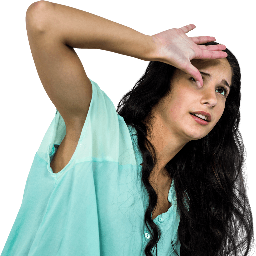 Transparent Worried Woman Shielding Eyes with Hand Gesture