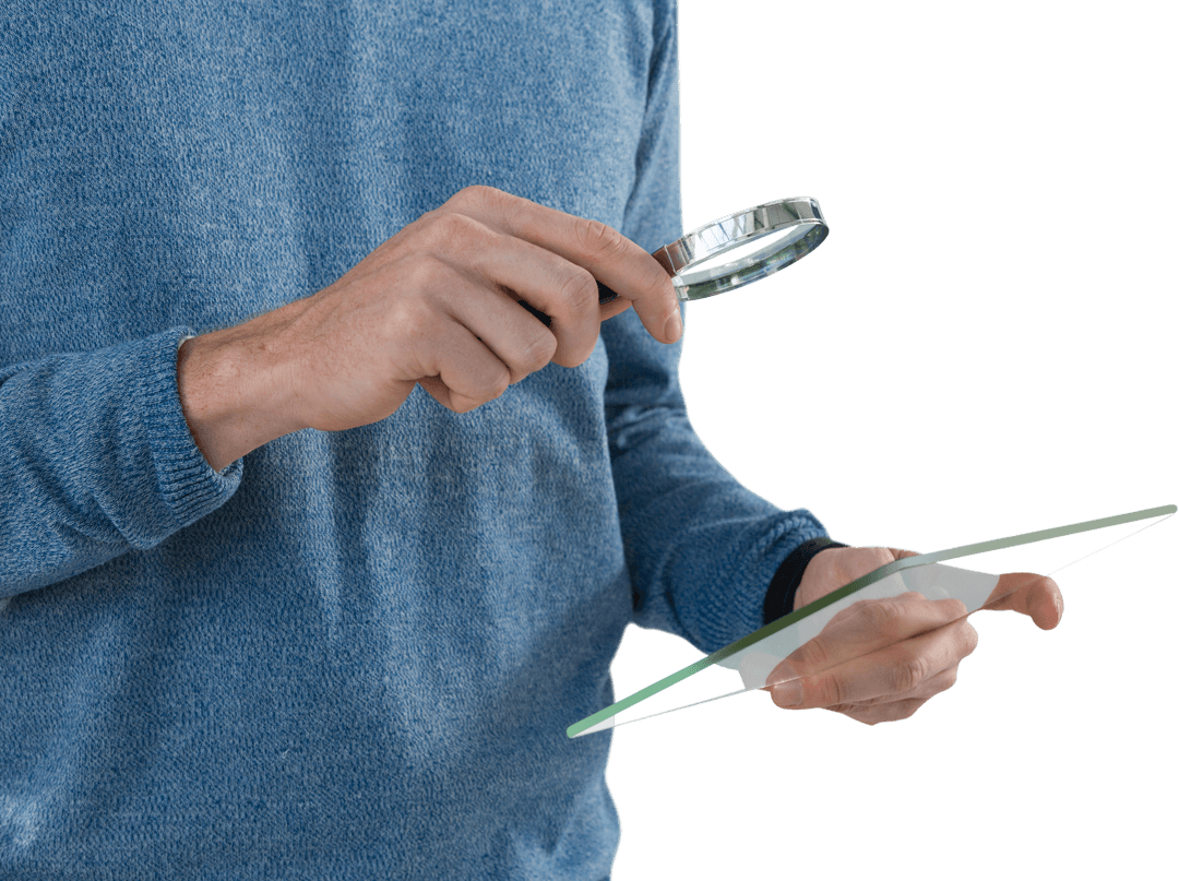 Executive Analyzing Transparent Document with Magnifying Glass