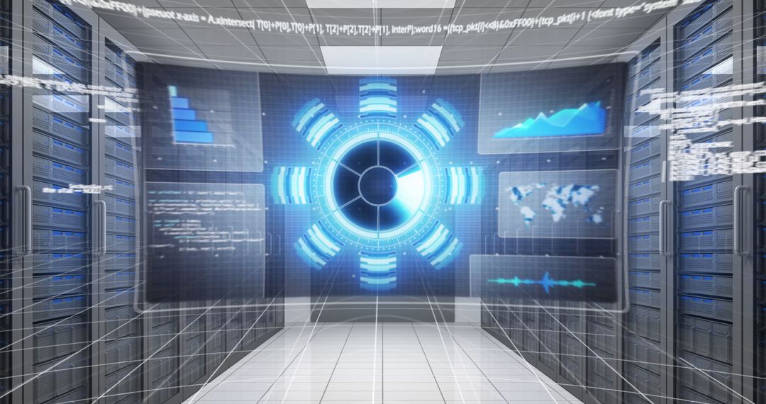 Futuristic Digital Interface Displayed Over Server Room