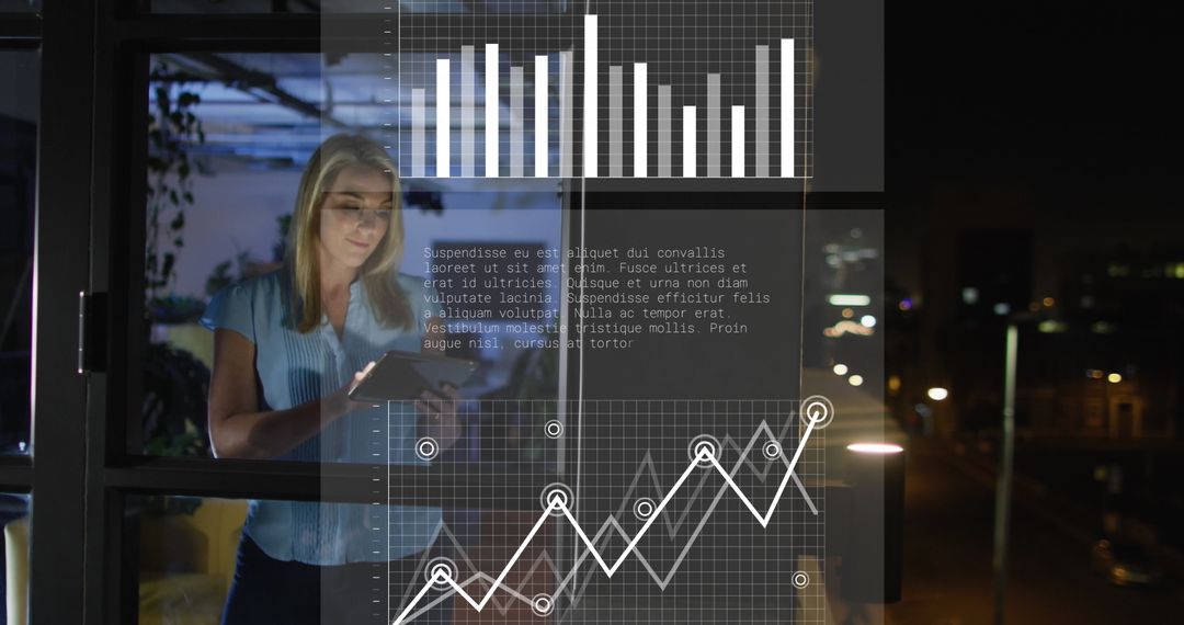Woman Analyzing Data on Digital Tablet in Modern Office at Night