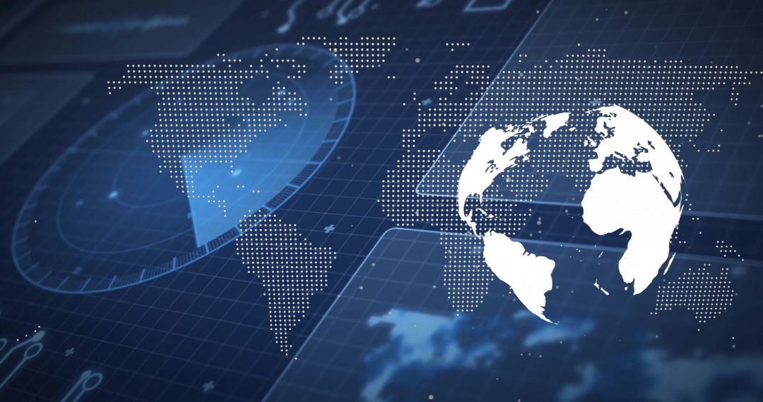 Digital World Map Overlay on Futuristic Blue Grid Background