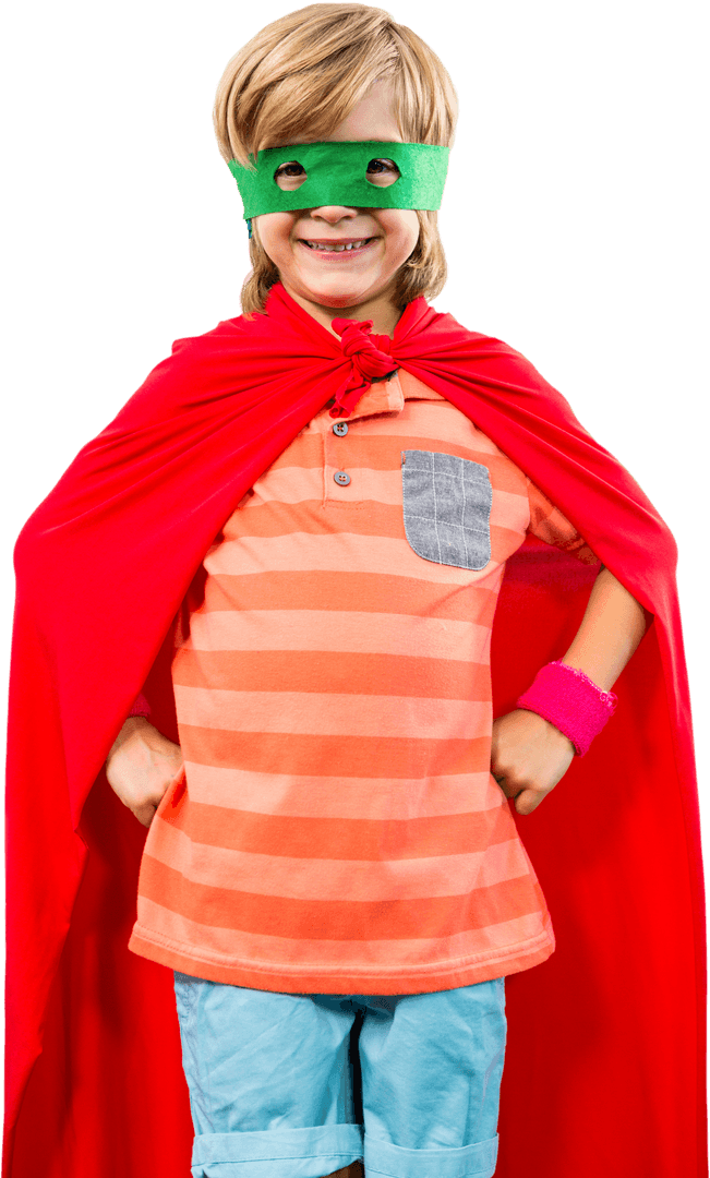 Smiling Boy in Red Superhero Costume with Transparent Background