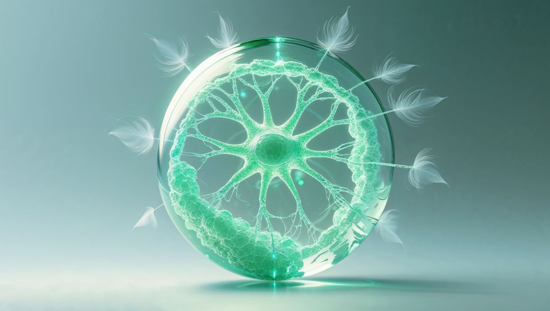 Futuristic Glass Sphere with Green Filaments Glowing on Reflective Surface