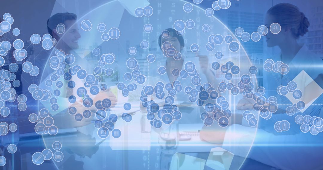 Digital Icons Interface Over Businesspeople Shaking Hands in Modern Office