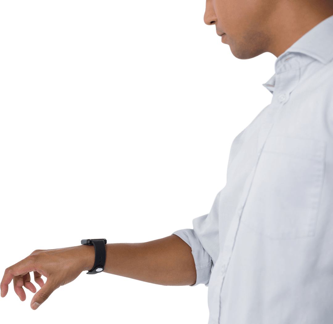 Transparent Focus Tech Savvy Asian Man Gesturing Smartwatch