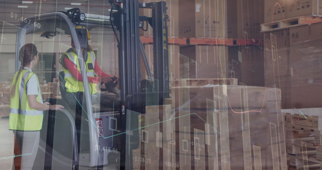 Warehouse Team Collaborating Amidst Data Analytics Visualization