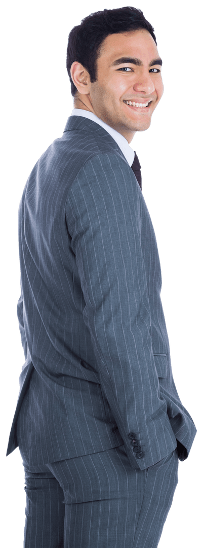 Smiling Asian Businessman Turning Around on Transparent Background