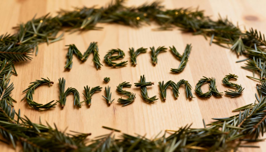 Spelling Merry Christmas with Evergreen Sprigs Framing Rustic Wooden Tabletop