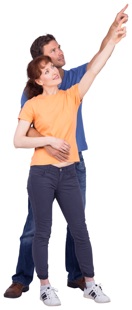 Transparent Couple Embracing While Pointing Upwards
