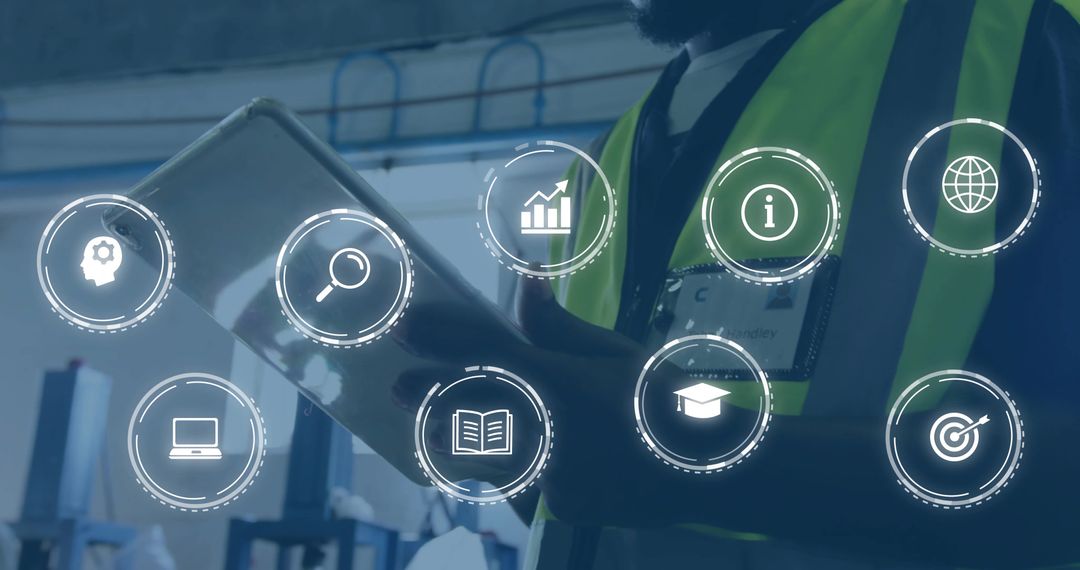 Technicians Analyzing Digital Analytics in Warehouse with LED Vests