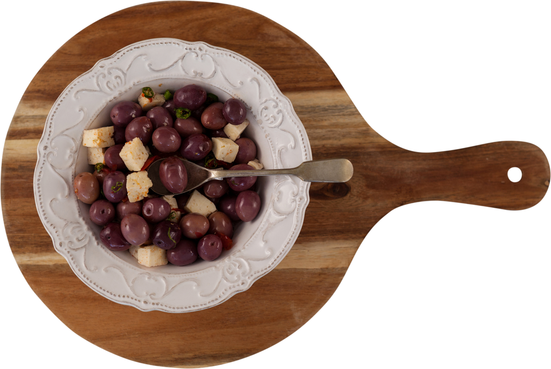 Close-up of Olives and Cheese in White Plate on Wooden Board, Transparent Background - Download Free Stock Images Pikwizard.com