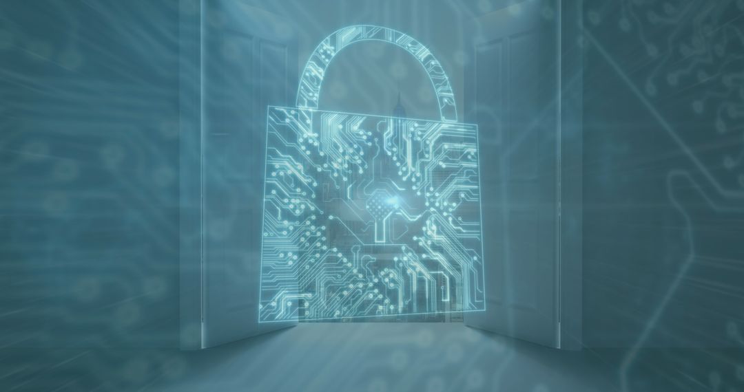 Digital Padlock with Circuitboard in Futuristic Cityscape