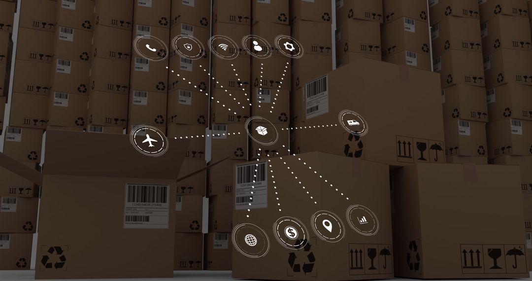 Connected Shipping Network With Cardboard Boxes and Digital Icons