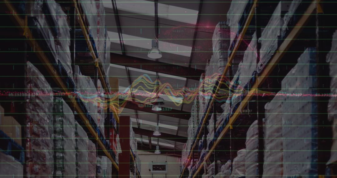 Data Processing Over Warehouse Shelves Illustrating Global Shipping