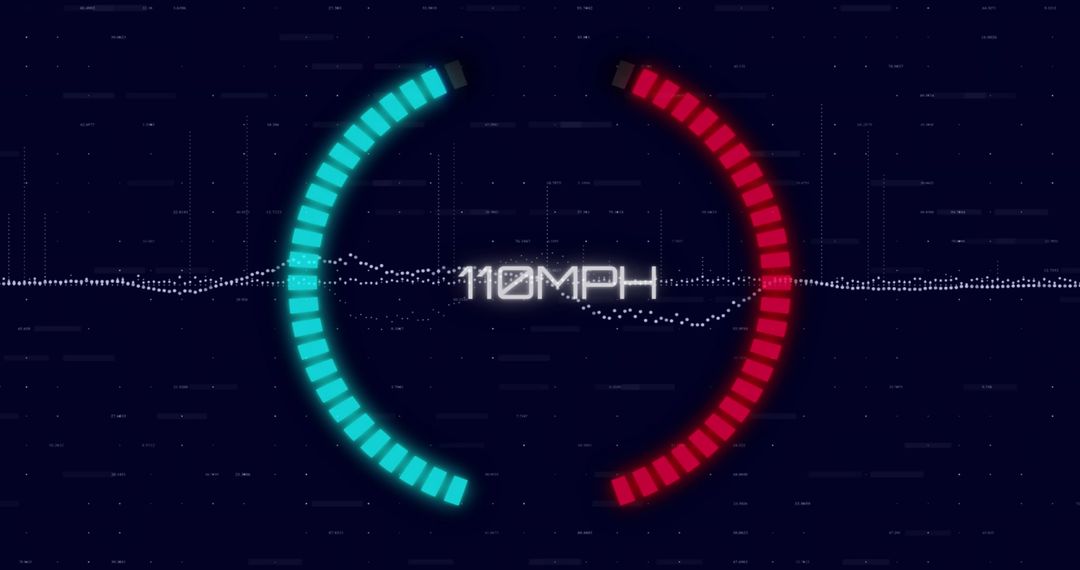 Futuristic HUD Speedometer Displaying 110MPH with Neon Cyan and Red Semi-Circle Gauges
