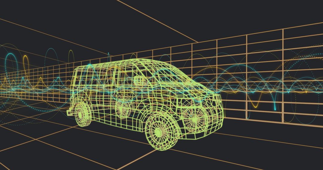 Neon Wireframe SUV Model with Waveform Visualization