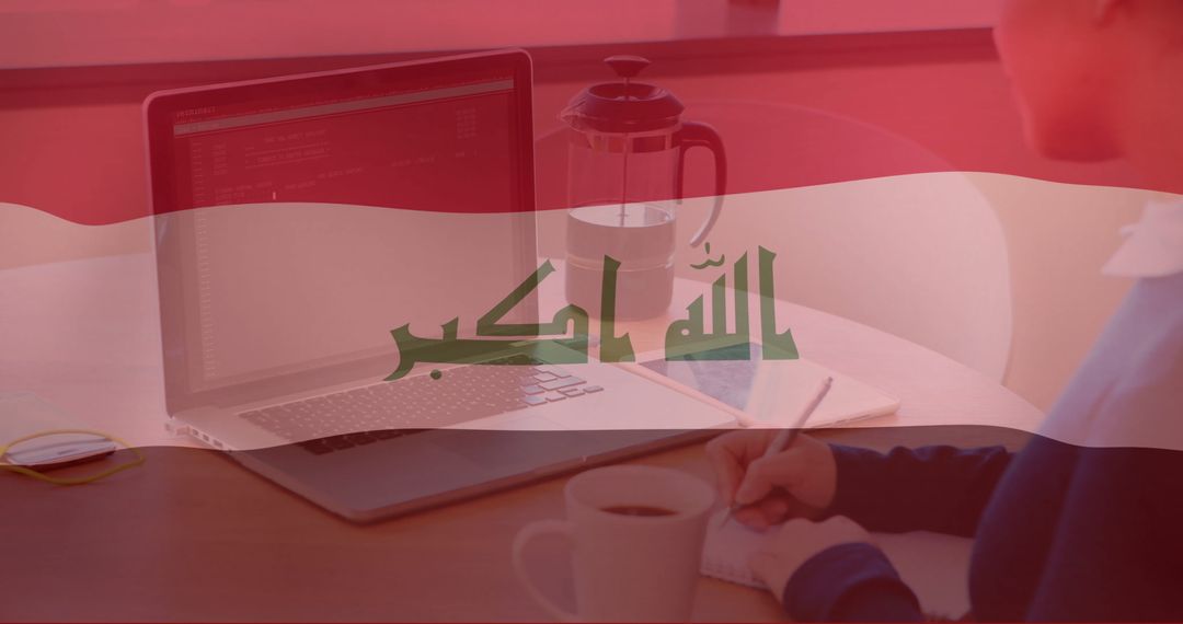 Iraqi Flag Overlay on Modern Workspace with Laptop User