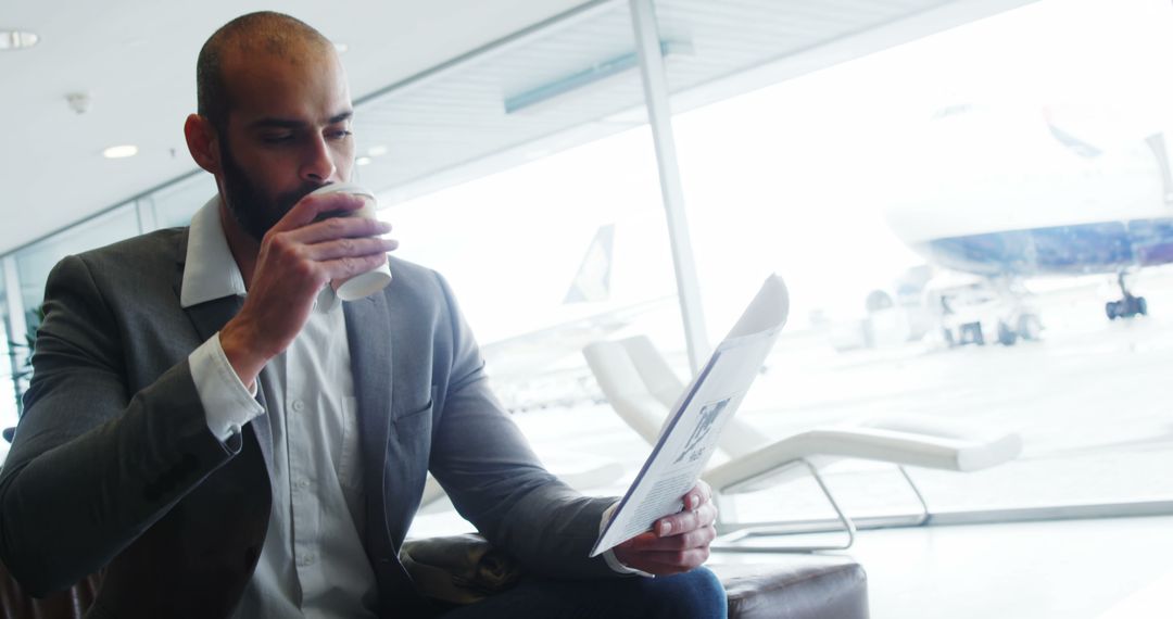 Businessman Having Coffee While Reviewing Documents at Airport Lounge