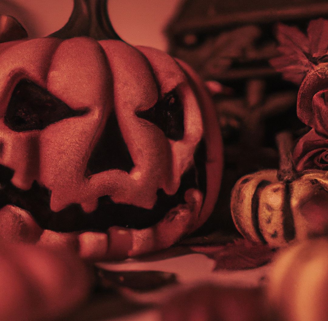 Image of close up of halloween decoration with scary carved pumpkin - Free Images, Stock Photos and Pictures on Pikwizard.com