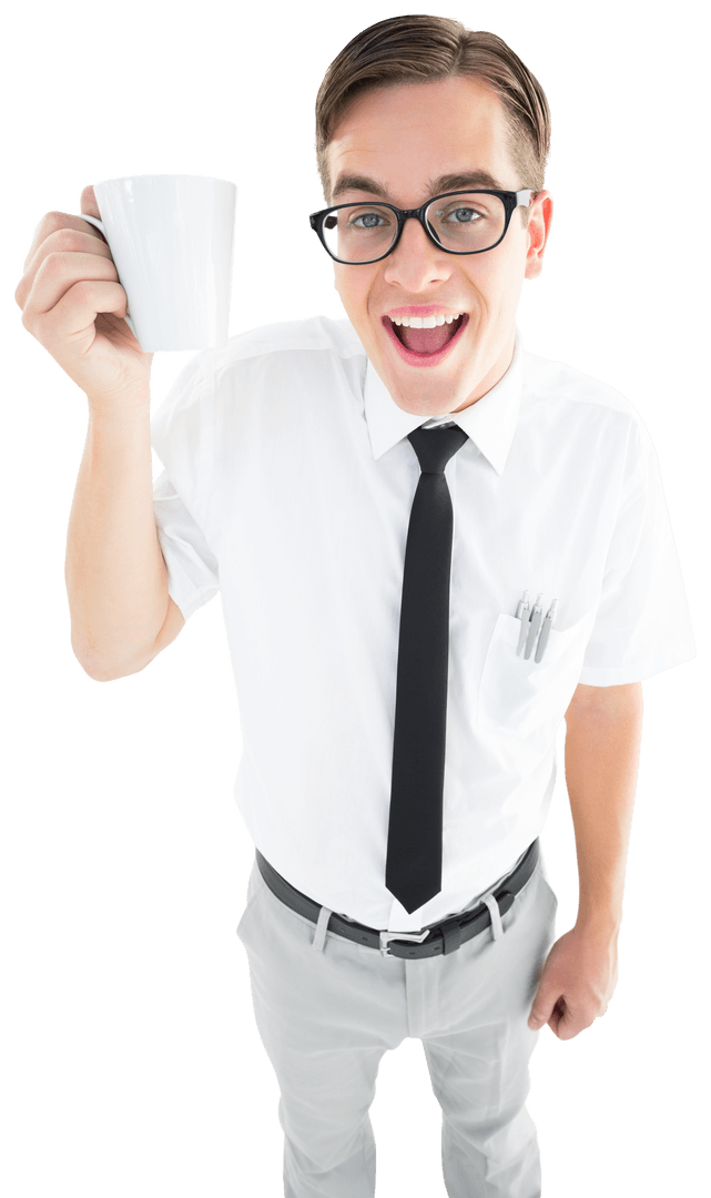Nerdy Businessman Holding Coffee Mug with Happy Expression Transparent