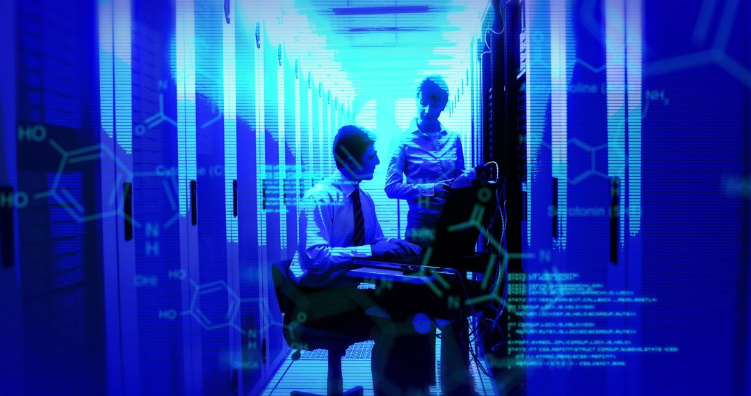 Tech Experts Managing Data Servers in Futuristic Environment
