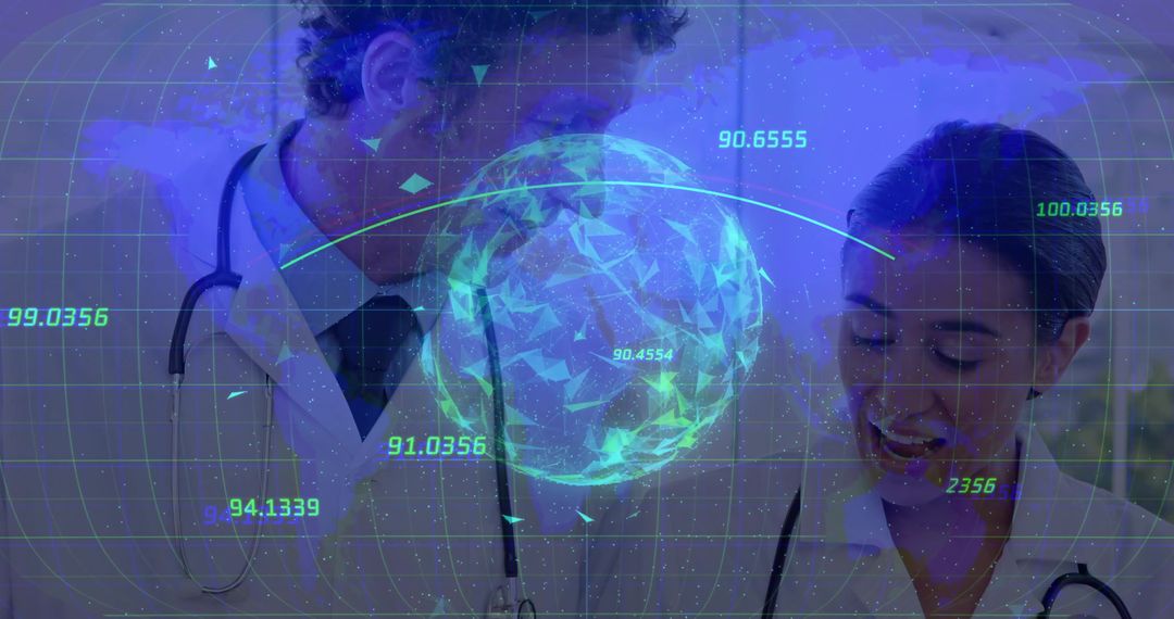 Doctors Analyzing Holographic Globe with Data in Innovative Lab