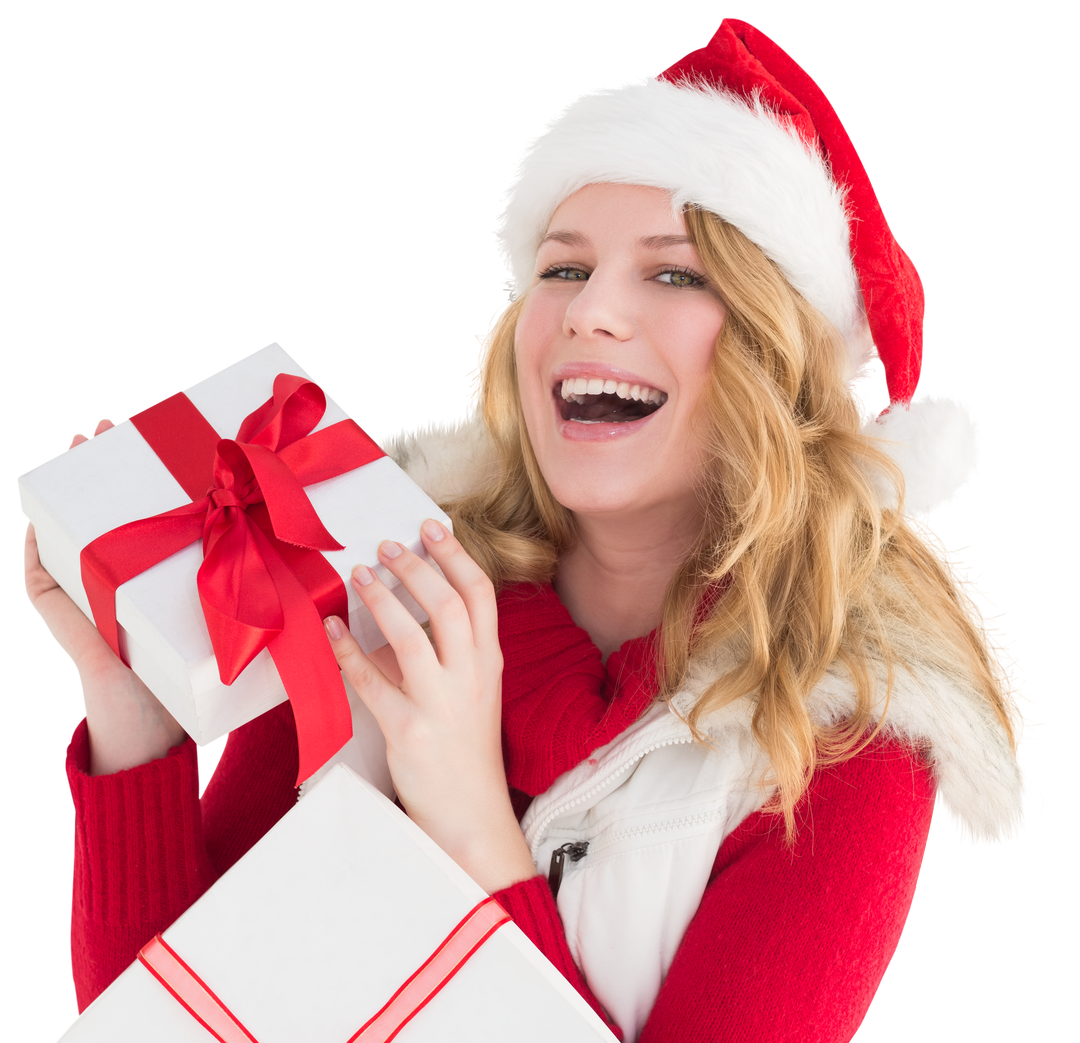 Happy woman in Santa hat holding a gift, celebrating holiday season, transparent background - Download Free Stock Images Pikwizard.com