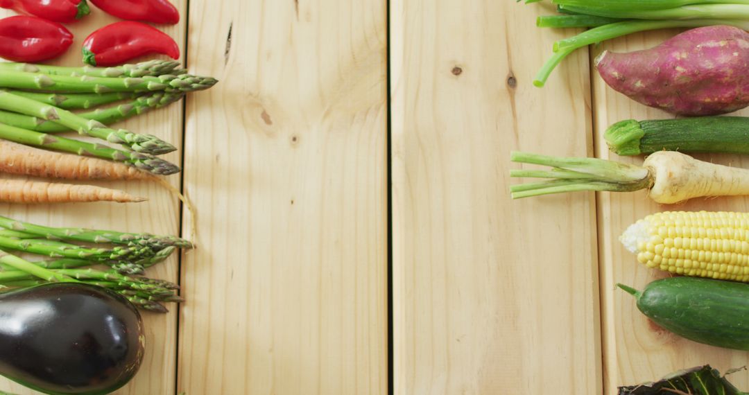 Image of fresh vegetables with copy space over wooden background - Free Images, Stock Photos and Pictures on Pikwizard.com