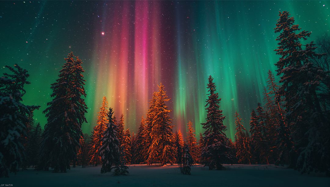 Vibrant Northern Lights Shimmering Above Snow-Covered Pine Trees