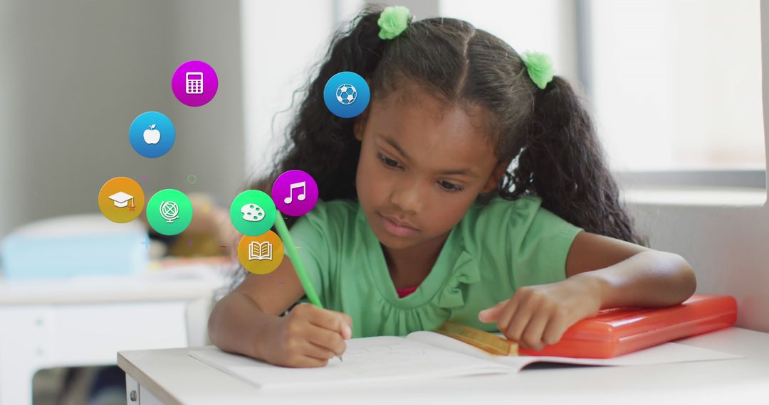 Focused Young Girl Studying In Classroom With Floating Subject Icons - Free Images, Stock Photos and Pictures on Pikwizard.com