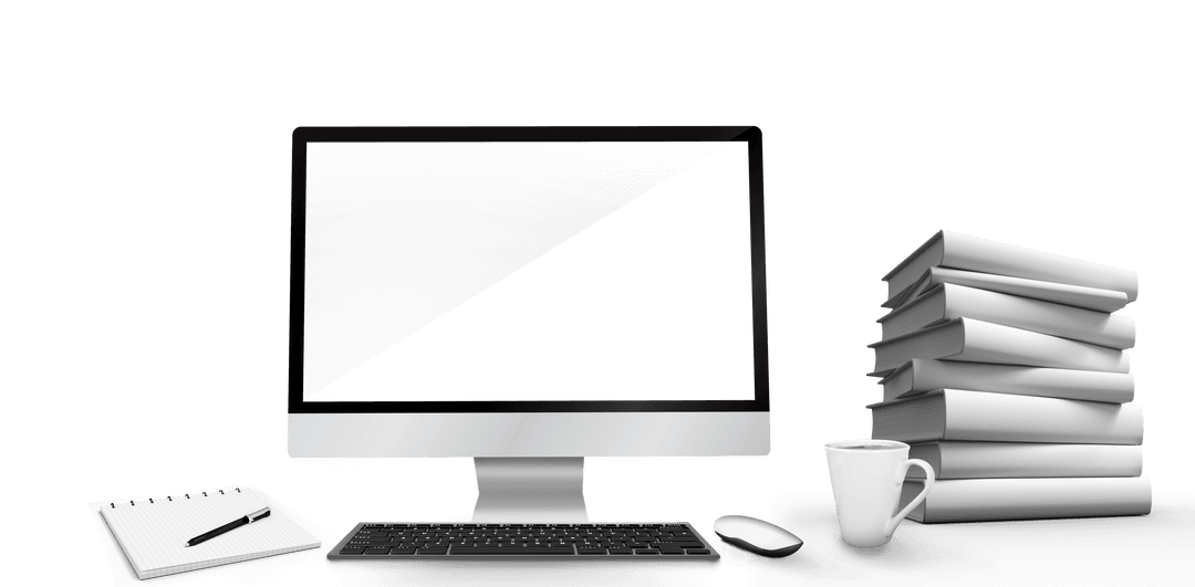 Workplace with Transparent Books Computer and Coffee