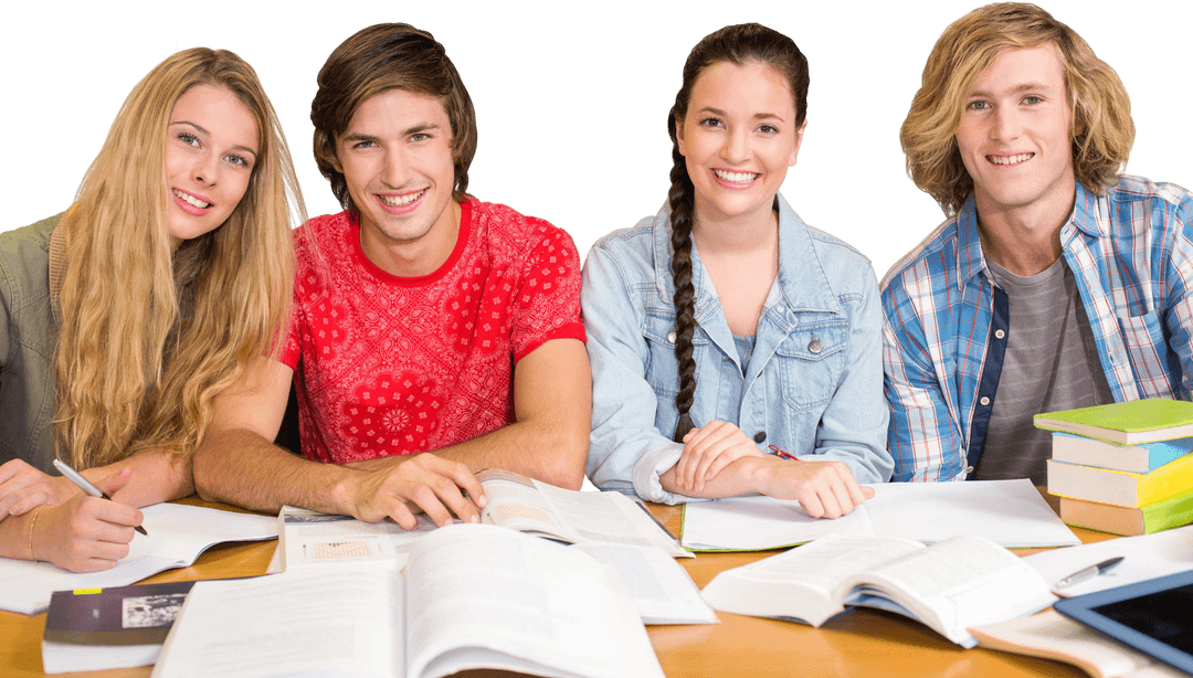 Transparent Group of College Students Studying Together in Library