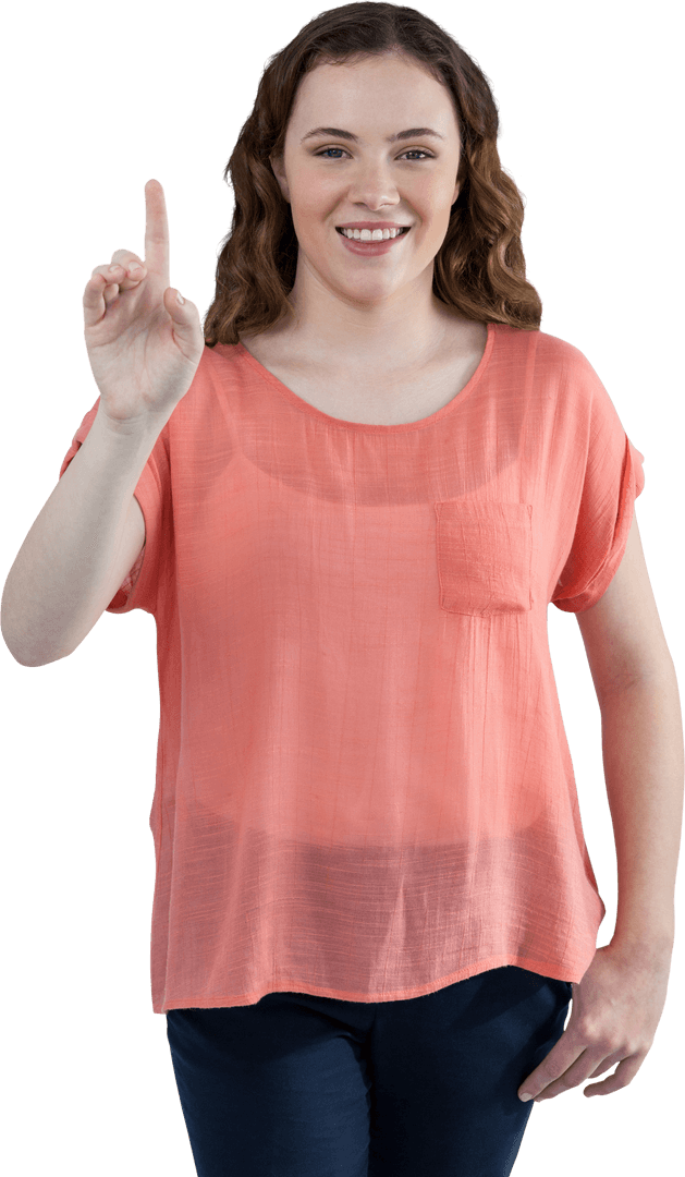 Transparent Background Smiling Woman Pointing Positive Gesture