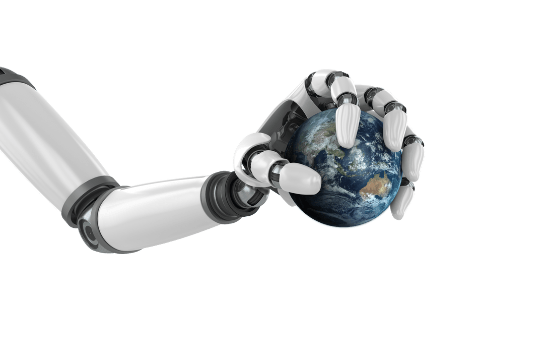 Robotic Hand Holding Earth on Transparent Background