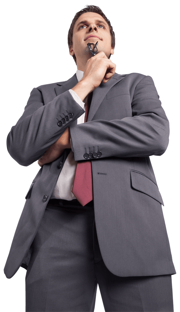 Transparent Confident Businessman Posing Holding Glasses