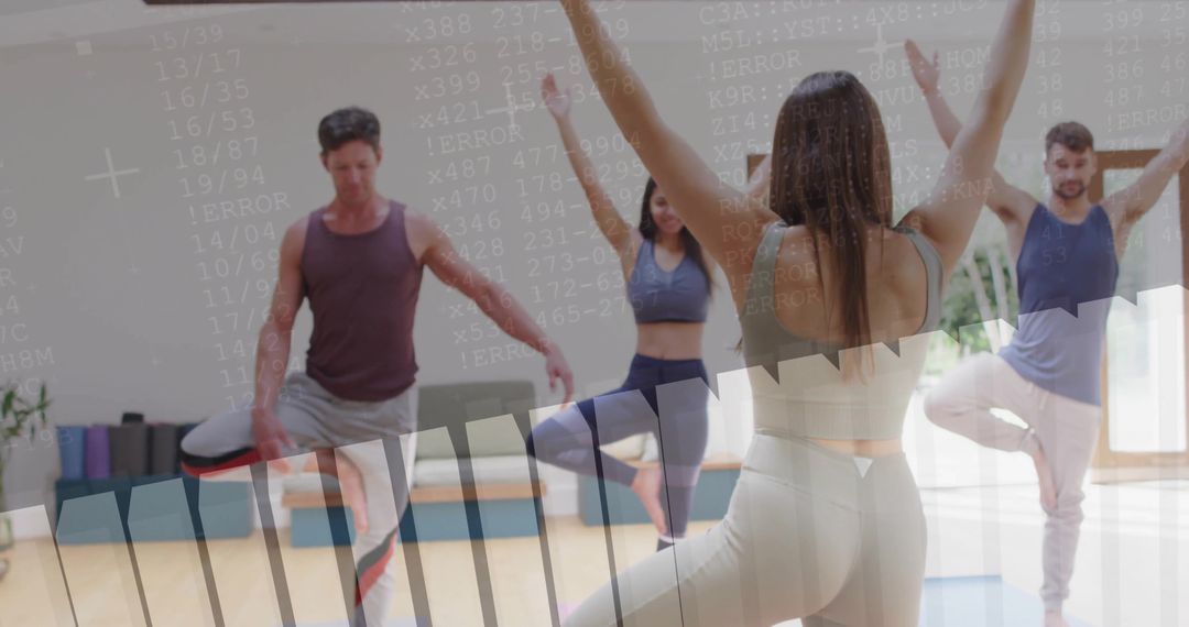 Instructor Leading Yoga Class in Tree Pose Among Digital Concepts