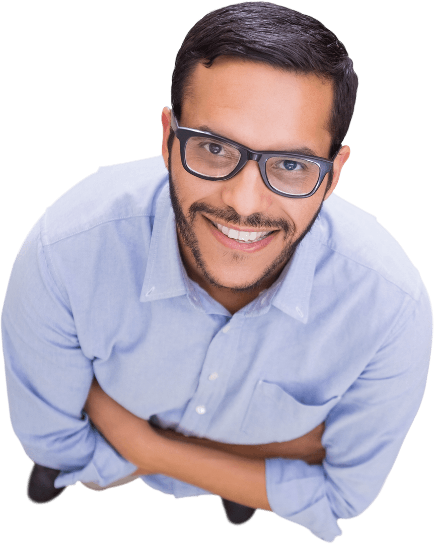 Transparent Smiling Businessman with Glasses Looking Up