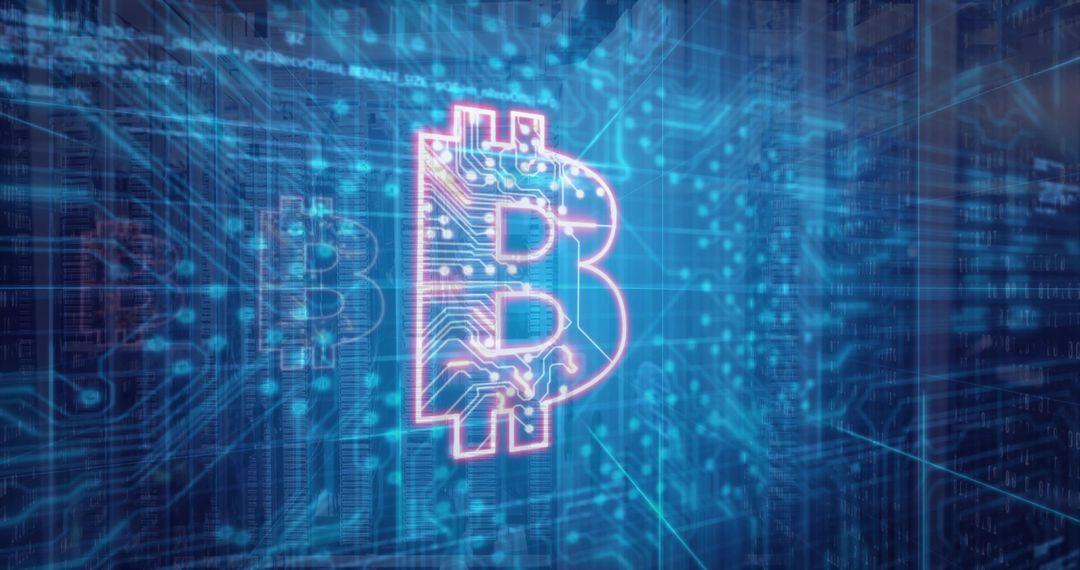 Glowing Bitcoin Symbol Pulsing in Futuristic Digital Network with Circuitry Pattern