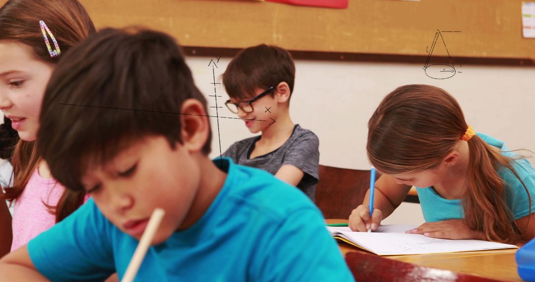 Elementary Students Concentrating on Writing and Math Practice in Busy Classroom
