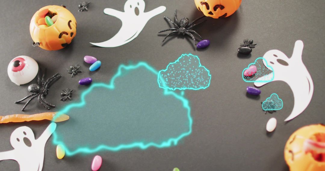 Neon Cyan Cloud Copyspace with Halloween Ghost Cutouts and Candy Flat Lay Mockup