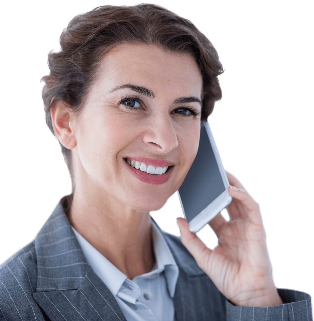 Transparent Smiling Businesswoman on Phone Full Portrait