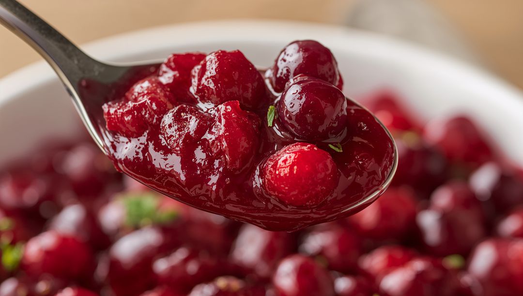 Spoon Scooping Glossy Cranberry Sauce with Whole Berries and Fresh Mint Zest