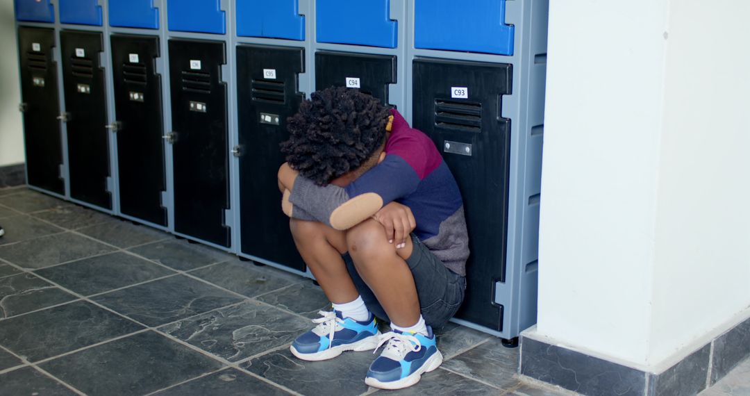 Child Crouching Introspectively in School Hallway by Lockers