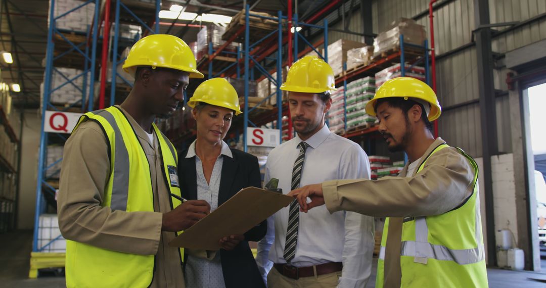 Warehouse Team in Safety Gear Conducting Inventory Discussion - Free Images, Stock Photos and Pictures on Pikwizard.com