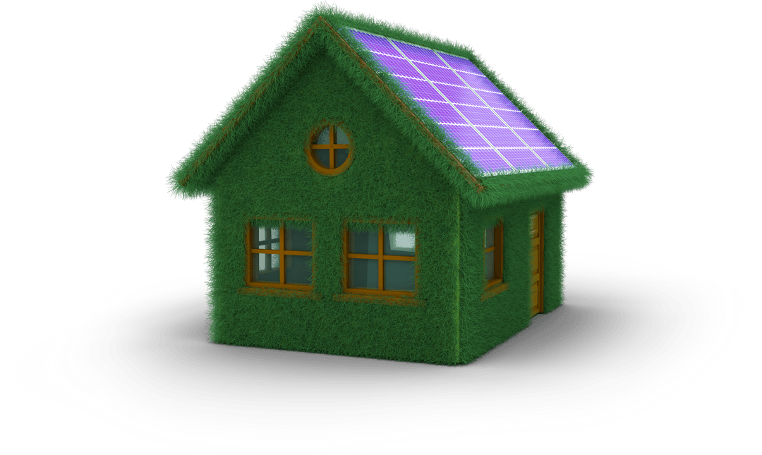 Transparent Grass Covered House with Solar Panels Symbolizing Green Energy
