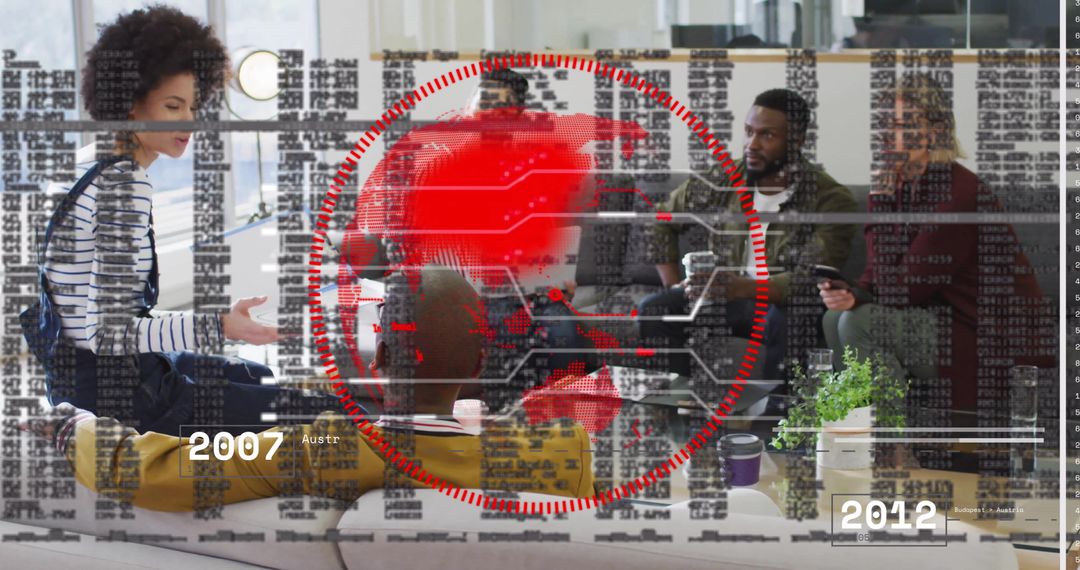 Collaborative Office Meeting with Digital Circuit and Timeline Overlay