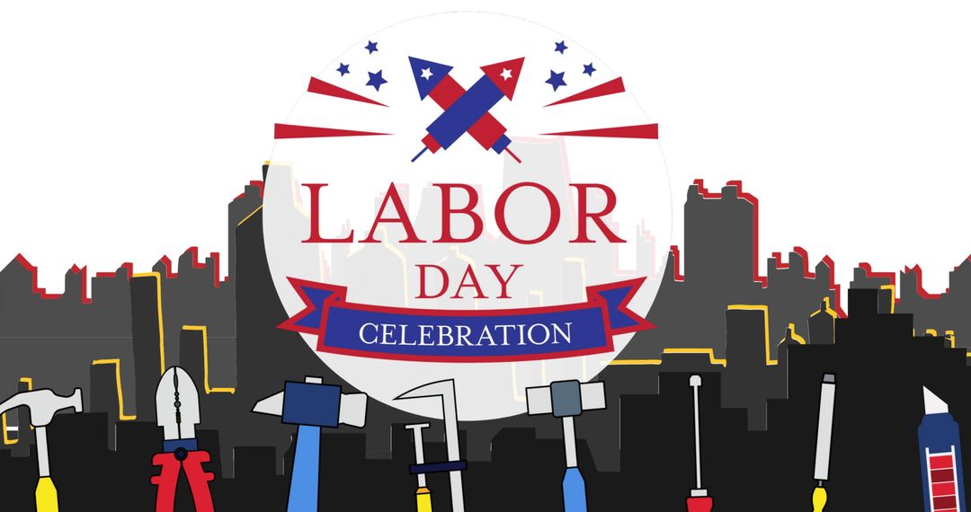 Labor Day Celebration Graphic with Tools and Cityscape